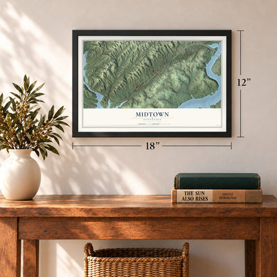 Midtown, Tennessee map, 12 x 18 inch print in a black frame in an entryway