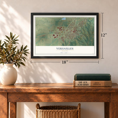 Versailles, Missouri map, 12 x 18 inch print in a black frame in an entryway