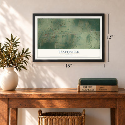Prattsville, Arkansas map, 12 x 18 inch print in a black frame in an entryway