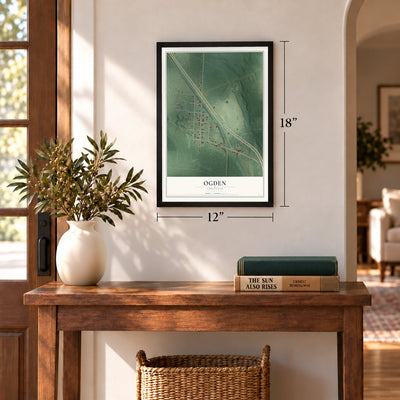 Ogden, Arkansas map, 12 x 18 inch print in a black frame in an entryway