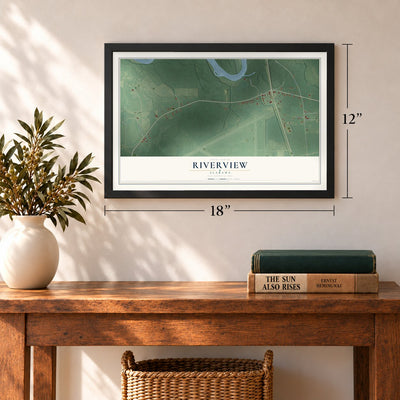 Riverview, Alabama map, 12 x 18 inch print in a black frame in an entryway
