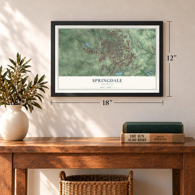 Springdale, Arkansas map, 12 x 18 inch print in a black frame in an entryway