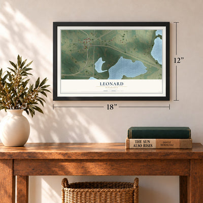 Leonard, Minnesota map, 12 x 18 inch print in a black frame in an entryway