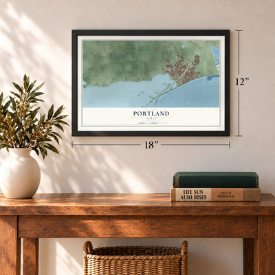 Portland, Texas map, 12 x 18 inch print in a black frame in an entryway