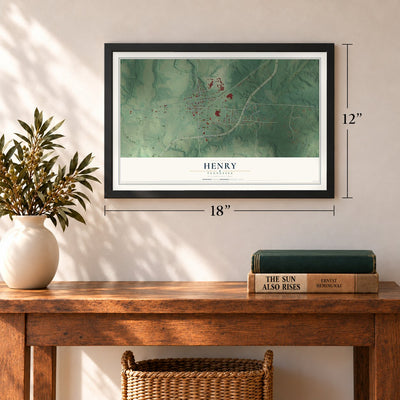 Henry, Tennessee map, 12 x 18 inch print in a black frame in an entryway