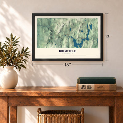 Brimfield, Massachusetts map, 12 x 18 inch print in a black frame in an entryway