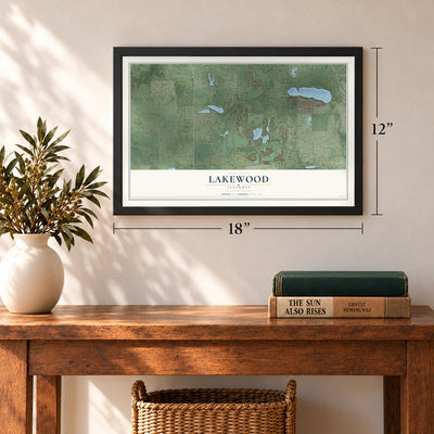 Lakewood, Illinois map, 12 x 18 inch print in a black frame in an entryway