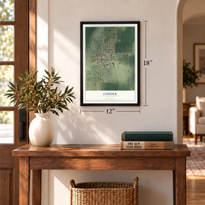 Corder, Missouri map, 12 x 18 inch print in a black frame in an entryway