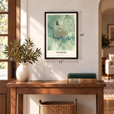 Winooski, Vermont map, 12 x 18 inch print in a black frame in an entryway
