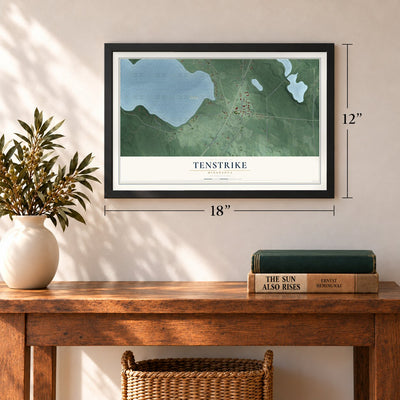 Tenstrike, Minnesota map, 12 x 18 inch print in a black frame in an entryway