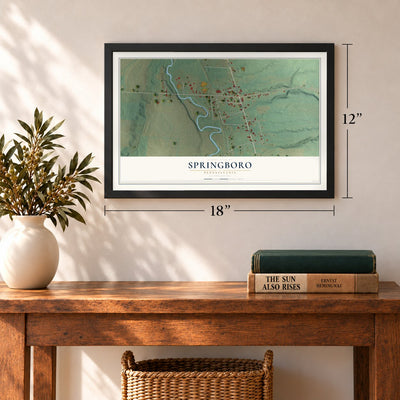 Springboro, Pennsylvania map, 12 x 18 inch print in a black frame in an entryway