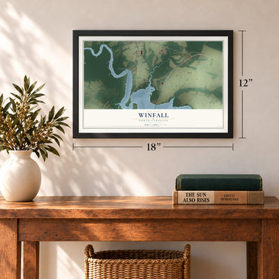 Winfall, North Carolina map, 12 x 18 inch print in a black frame in an entryway