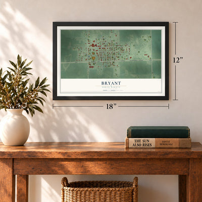 Bryant, South Dakota map, 12 x 18 inch print in a black frame in an entryway