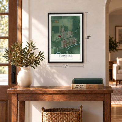 Gettysburg, Ohio map, 12 x 18 inch print in a black frame in an entryway