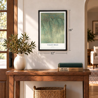 Valley Mills, Texas map, 12 x 18 inch print in a black frame in an entryway