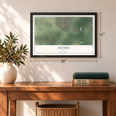 Ulysses, Kansas map, 12 x 18 inch print in a black frame in an entryway