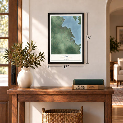 Tool, Texas map, 12 x 18 inch print in a black frame in an entryway