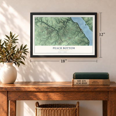 Peach Bottom, Pennsylvania map, 12 x 18 inch print in a black frame in an entryway