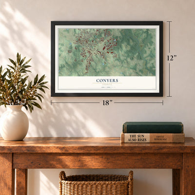 Conyers, Georgia map, 12 x 18 inch print in a black frame in an entryway