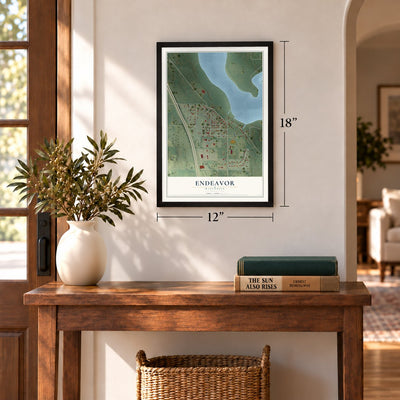 Endeavor, Wisconsin map, 12 x 18 inch print in a black frame in an entryway