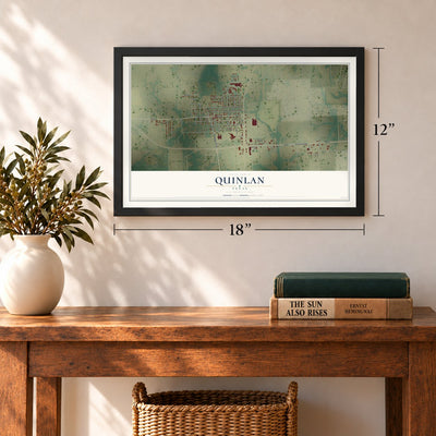Quinlan, Texas map, 12 x 18 inch print in a black frame in an entryway