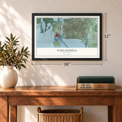 Pascagoula, Mississippi map, 12 x 18 inch print in a black frame in an entryway