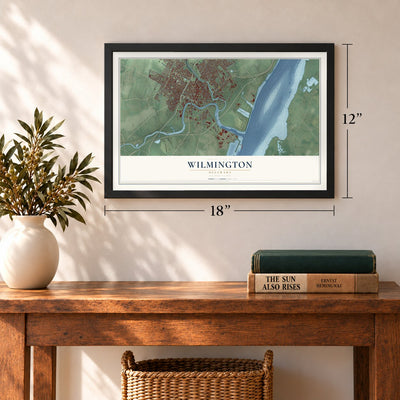 Wilmington, Delaware map, 12 x 18 inch print in a black frame in an entryway