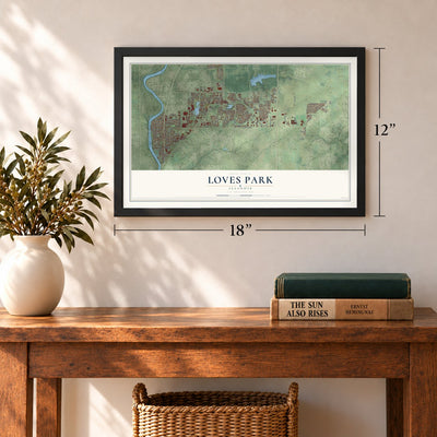Loves Park, Illinois map, 12 x 18 inch print in a black frame in an entryway