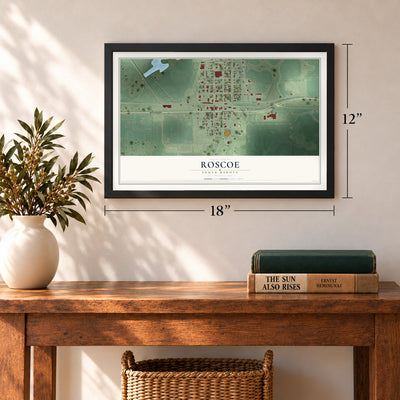 Roscoe, South Dakota map, 12 x 18 inch print in a black frame in an entryway
