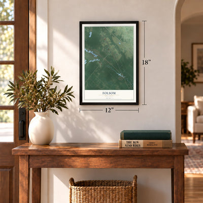 Folsom, New Jersey map, 12 x 18 inch print in a black frame in an entryway