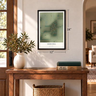 Rush Hill, Missouri map, 12 x 18 inch print in a black frame in an entryway