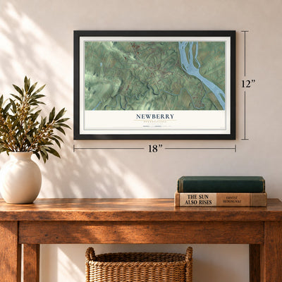 Newberry, Pennsylvania map, 12 x 18 inch print in a black frame in an entryway