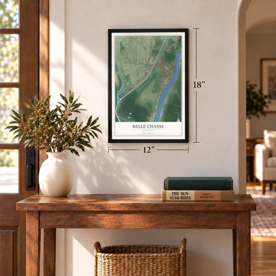 Belle Chasse, Louisiana map, 12 x 18 inch print in a black frame in an entryway