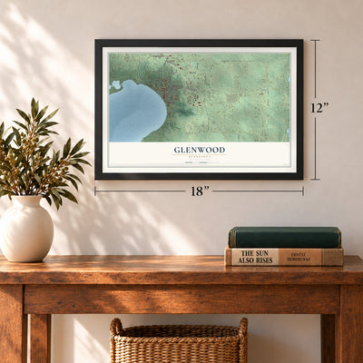 Glenwood, Minnesota map, 12 x 18 inch print in a black frame in an entryway