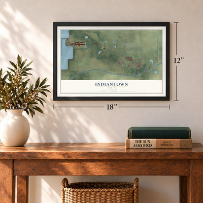 Indiantown, Florida map, 12 x 18 inch print in a black frame in an entryway