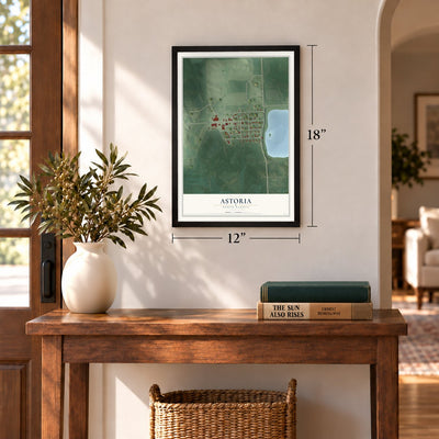 Astoria, South Dakota map, 12 x 18 inch print in a black frame in an entryway