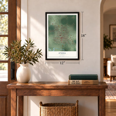 O'Neill, Nebraska map, 12 x 18 inch print in a black frame in an entryway