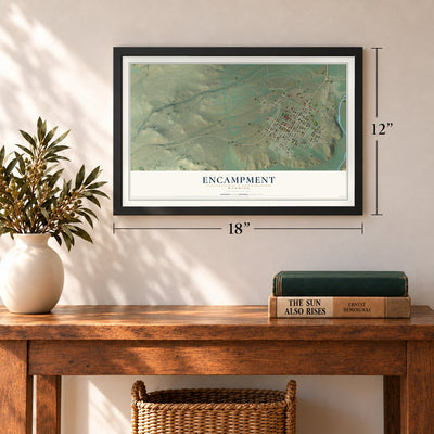 Encampment, Wyoming map, 12 x 18 inch print in a black frame in an entryway