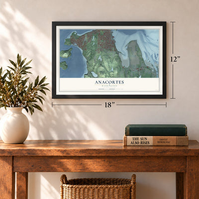 Anacortes, Washington map, 12 x 18 inch print in a black frame in an entryway
