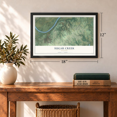 Sugar Creek, Missouri map, 12 x 18 inch print in a black frame in an entryway