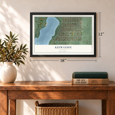 Keewaydin, Minnesota map, 12 x 18 inch print in a black frame in an entryway