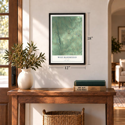 West Bloomfield, New York map, 12 x 18 inch print in a black frame in an entryway