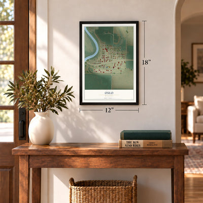 Oslo, Minnesota map, 12 x 18 inch print in a black frame in an entryway