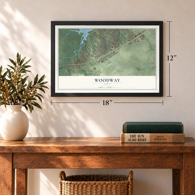 Woodway, Texas map, 12 x 18 inch print in a black frame in an entryway