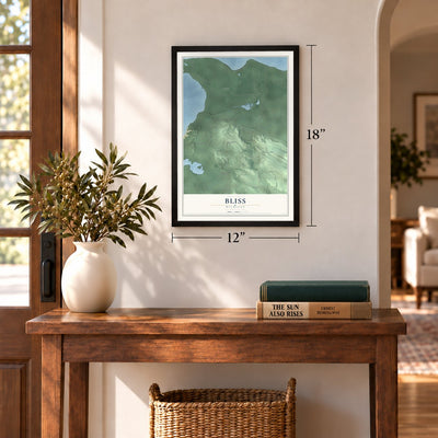 Bliss, Michigan map, 12 x 18 inch print in a black frame in an entryway
