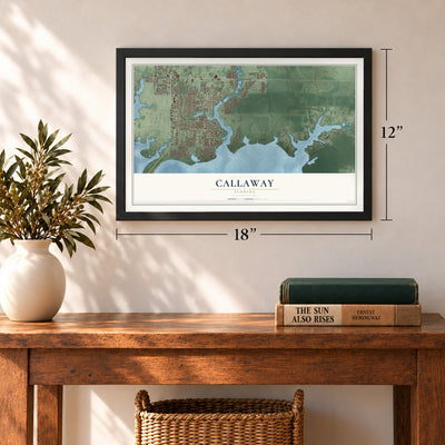 Callaway, Florida map, 12 x 18 inch print in a black frame in an entryway