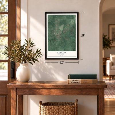 La Plata, Maryland map, 12 x 18 inch print in a black frame in an entryway
