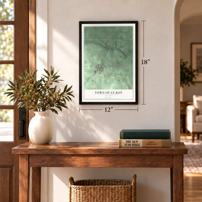 Town of Le Roy, New York map, 12 x 18 inch print in a black frame in an entryway