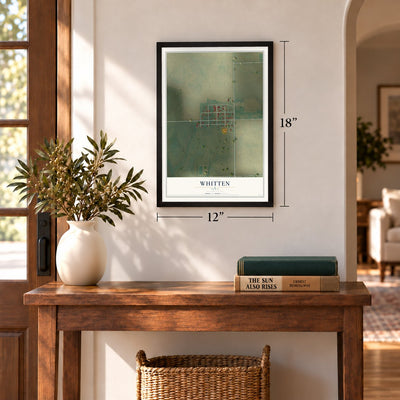 Whitten, Iowa map, 12 x 18 inch print in a black frame in an entryway