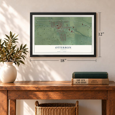 Otterbein, Indiana map, 12 x 18 inch print in a black frame in an entryway
